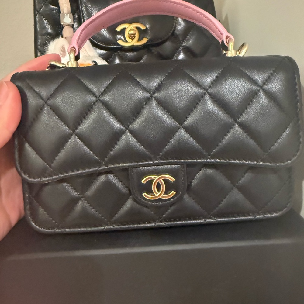 Chanel Black Quilted Mini Bag with Pink Handle